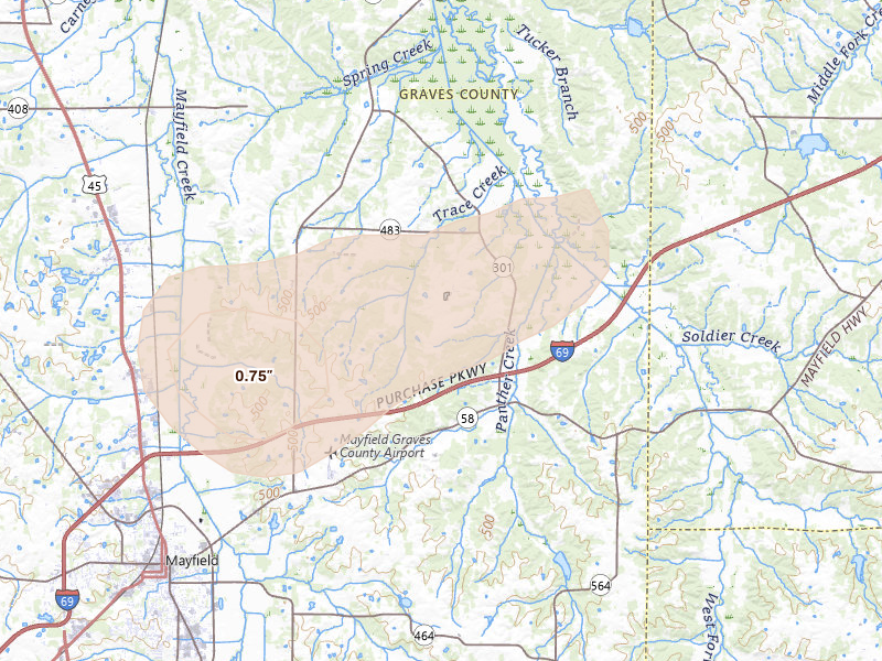 Radar-estimated hail-size map of the storm over Mayfield, KY on Aug 8, 2026