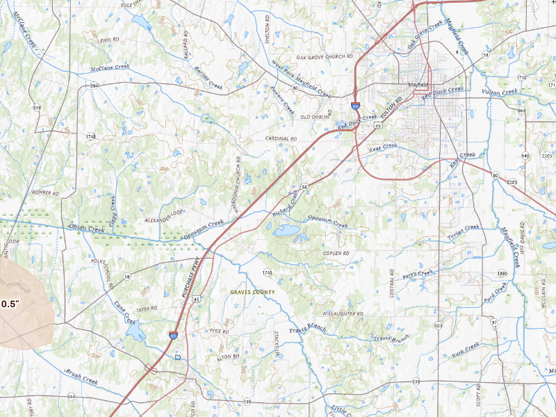 Radar-estimated hail-size map of the storm over Mayfield, KY on Aug 26, 2026