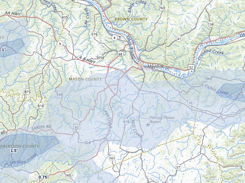 NEXRAD radar-signature map of the hail storm over Maysville, KY on May 16, 2026