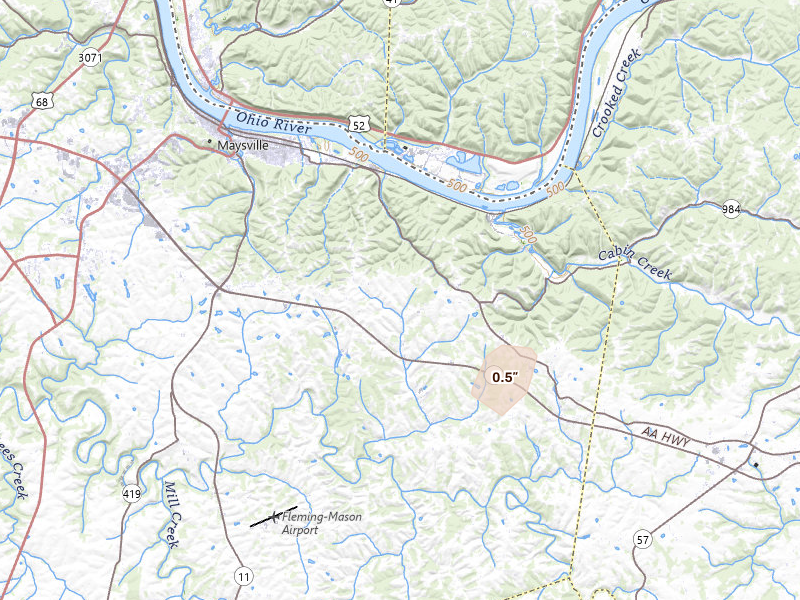 Radar-estimated hail-size map of the storm over Maysville, KY on Aug 5, 2026