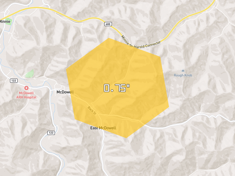 Hail map of Mc Dowell, KY on Jul 28, 2026, hail up to 0.75"