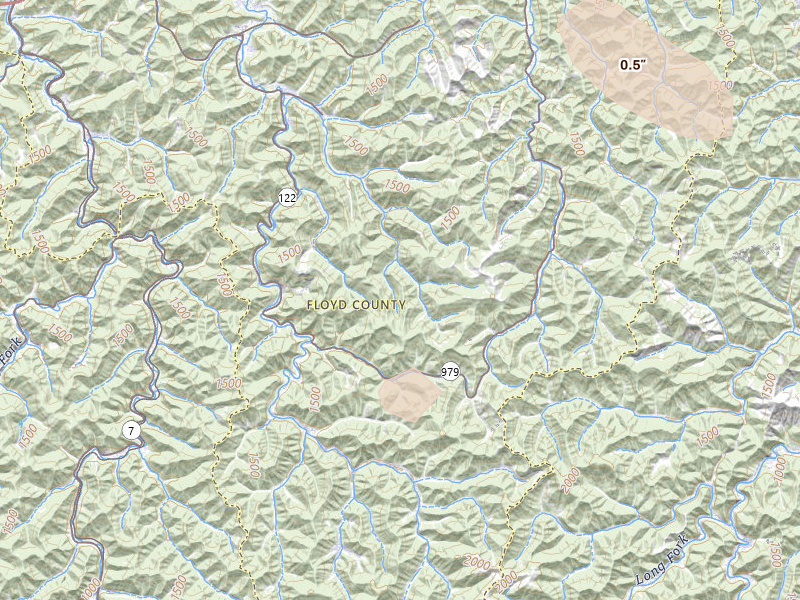Radar-estimated hail-size map of the storm over Mc Dowell, KY on Aug 11, 2026