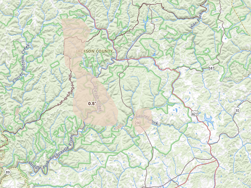 Radar-estimated hail-size map of the storm over Mc Kee, KY on Aug 16, 2026