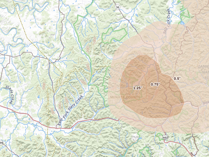 Radar-estimated hail-size map of the storm over Means, KY on Aug 11, 2026