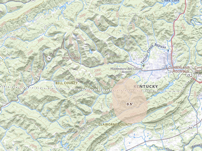 Radar-estimated hail-size map of the storm over Middlesboro, KY on Aug 13, 2026