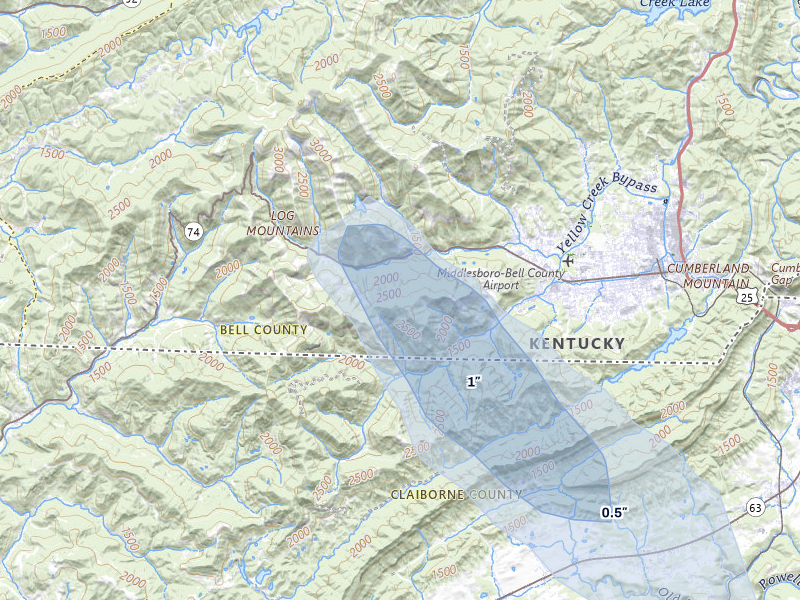 NEXRAD radar-signature map of the hail storm over Middlesboro, KY on Aug 13, 2026