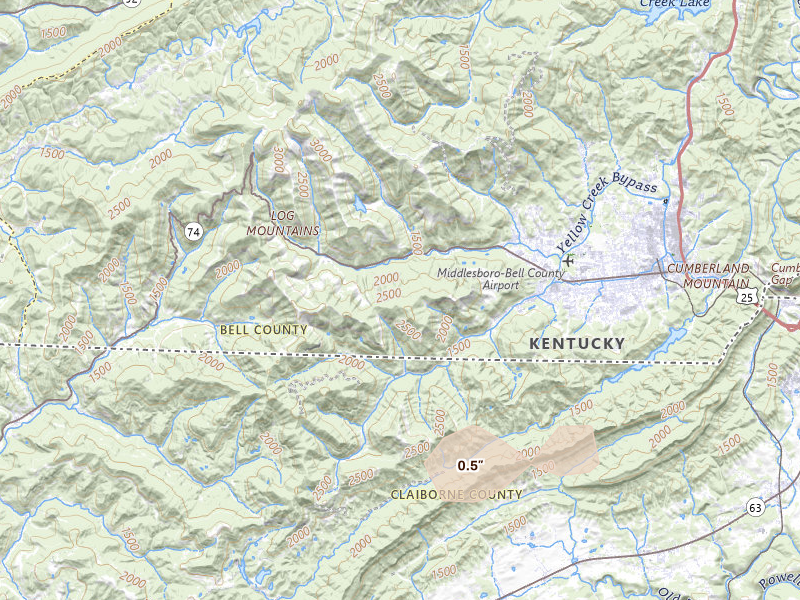 Radar-estimated hail-size map of the storm over Middlesboro, KY on Aug 17, 2026