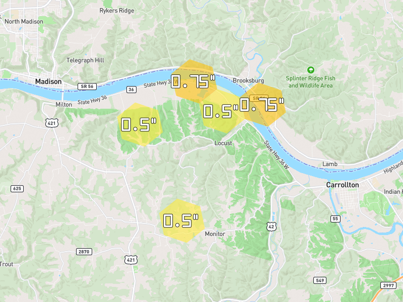 Hail map of Milton, KY on Jul 28, 2026, hail up to 0.75"