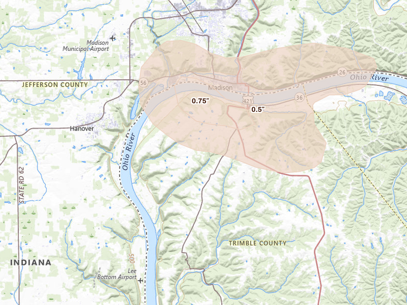 Radar-estimated hail-size map of the storm over Milton, KY on Sep 4, 2026