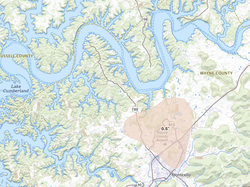 Radar-estimated hail-size map of the storm over Monticello, KY on Jul 26, 2026