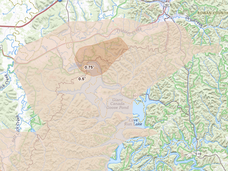 Radar-estimated hail-size map of the storm over Morehead, KY on Aug 11, 2026