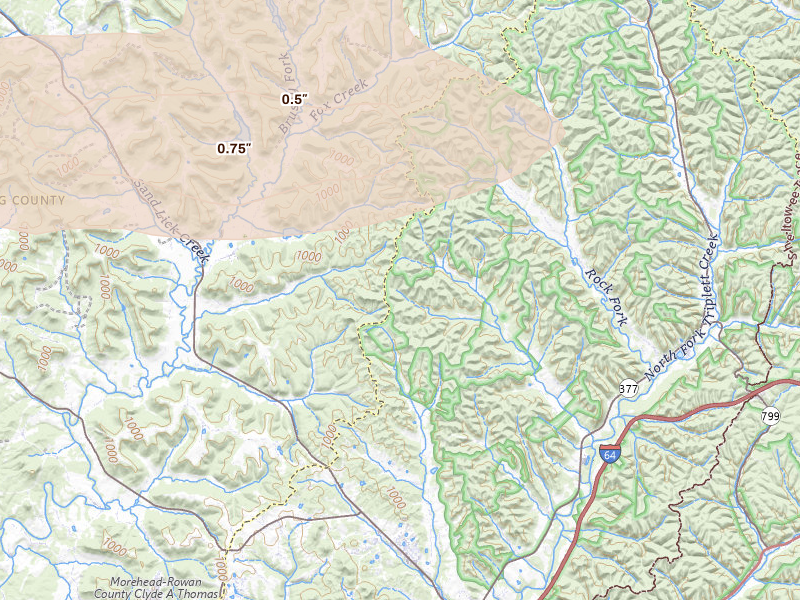Radar-estimated hail-size map of the storm over Morehead, KY on Aug 22, 2026