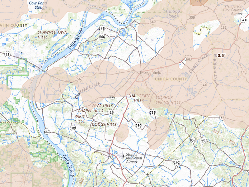 Radar-estimated hail-size map of the storm over Morganfield, KY on Apr 27, 2026