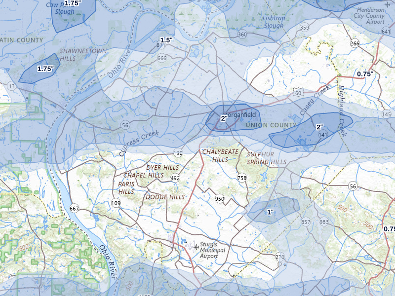 NEXRAD radar-signature map of the hail over Morganfield, KY