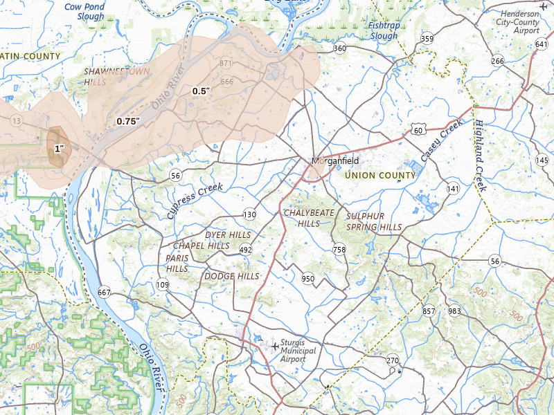 Radar-estimated hail-size map of the storm over Morganfield, KY on May 18, 2026