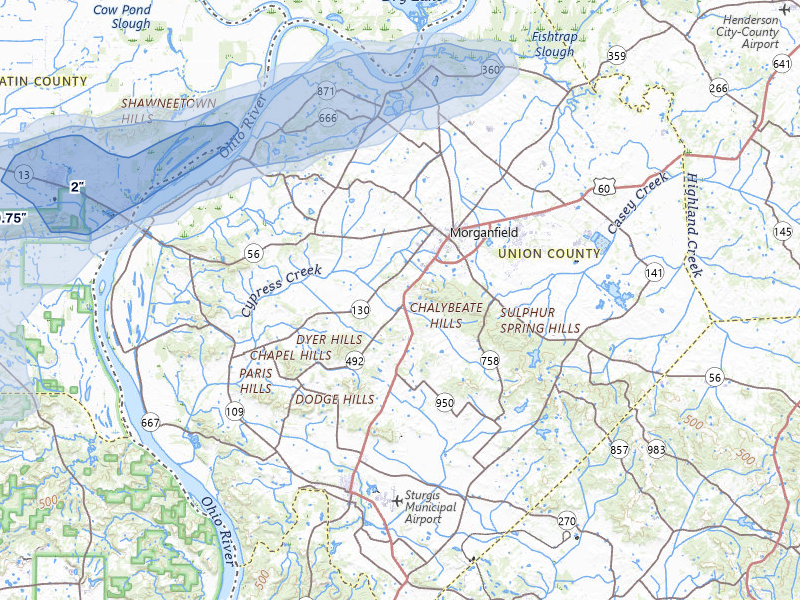NEXRAD radar-signature map of the hail storm over Morganfield, KY on May 18, 2026