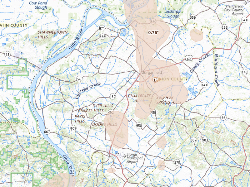 Radar-estimated hail-size map of the storm over Morganfield, KY on Jul 4, 2026