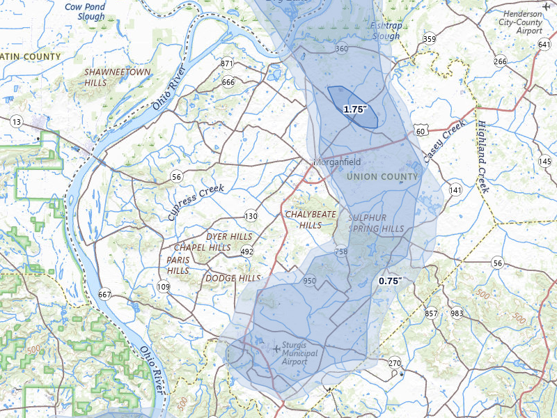 NEXRAD radar-signature map of the hail over Morganfield, KY