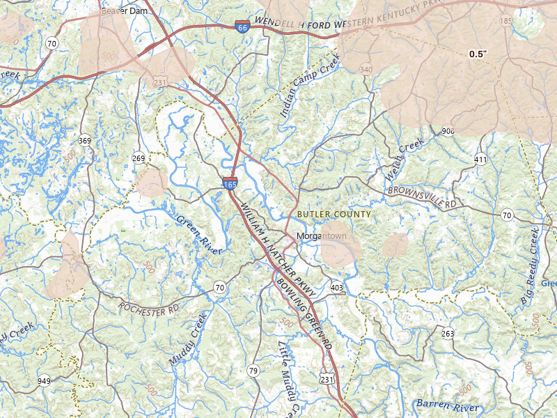 Radar-estimated hail-size map of the storm over Morgantown, KY on Apr 27, 2026