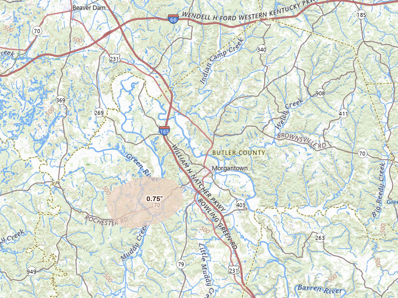 Radar-estimated hail-size map of the storm over Morgantown, KY on Jun 9, 2026