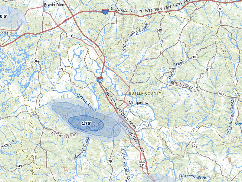 NEXRAD radar-signature map of the hail storm over Morgantown, KY on Jun 9, 2026
