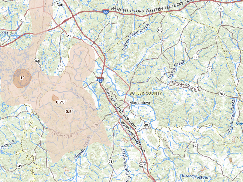 Radar-estimated hail-size map of the storm over Morgantown, KY on Jul 3, 2026