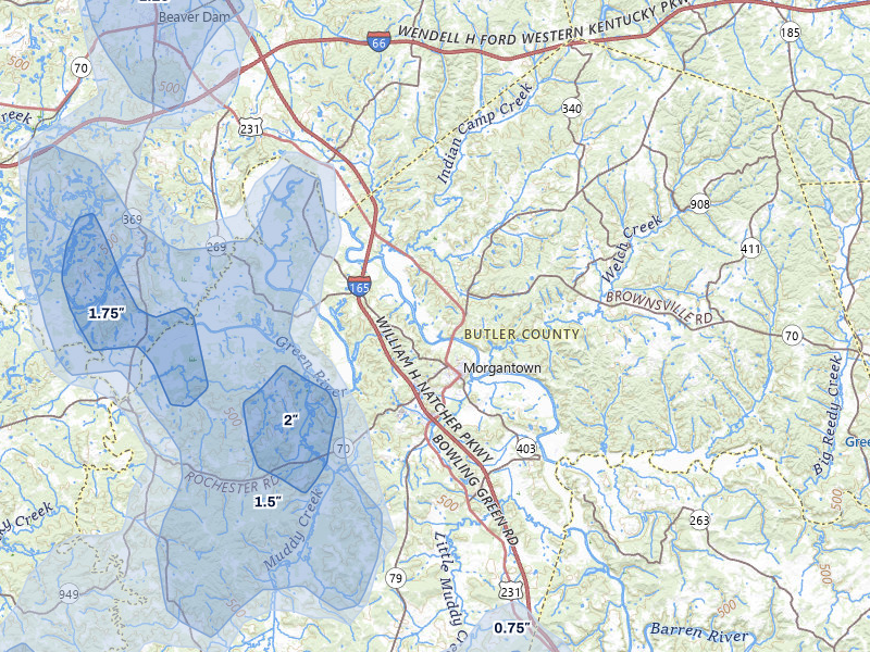 NEXRAD radar-signature map of the hail storm over Morgantown, KY on Jul 3, 2026