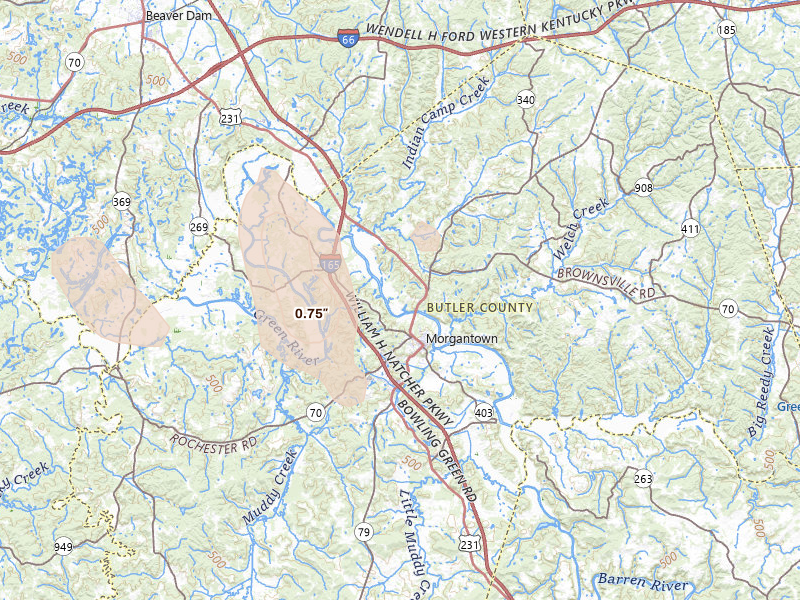 Radar-estimated hail-size map of the storm over Morgantown, KY on Jul 5, 2026