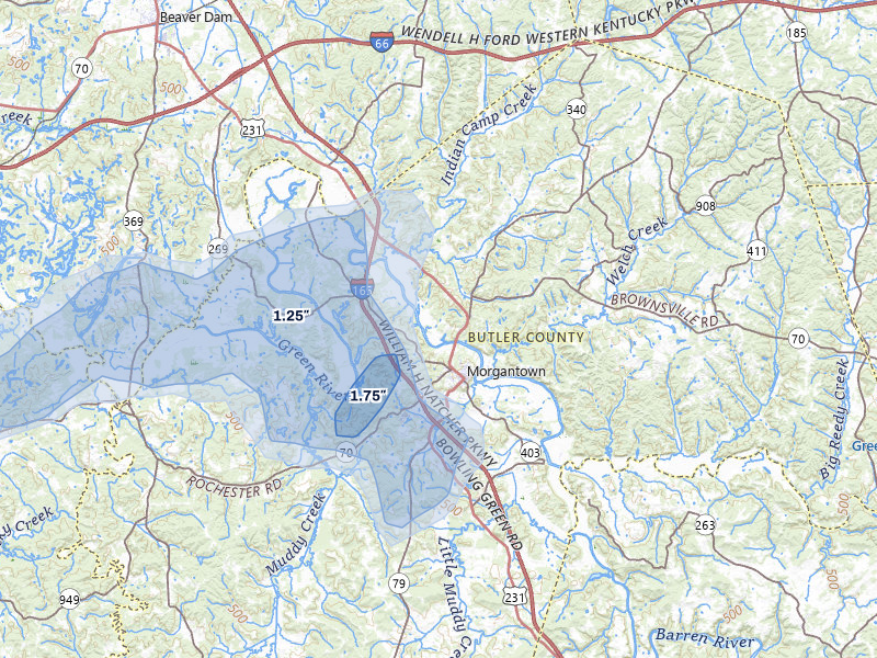 NEXRAD radar-signature map of the hail storm over Morgantown, KY on Jul 5, 2026