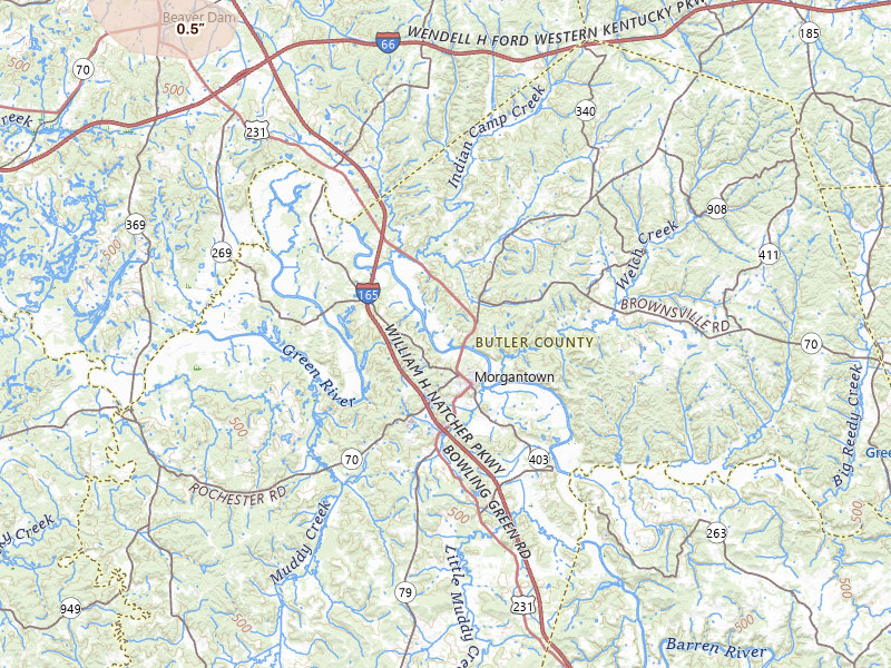 Radar-estimated hail-size map of the storm over Morgantown, KY on Jul 9, 2026
