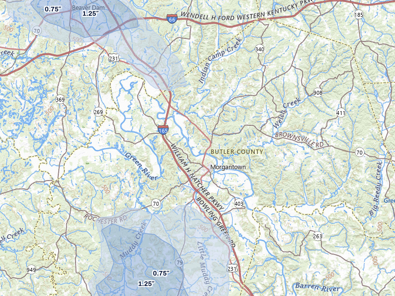 NEXRAD radar-signature map of the hail storm over Morgantown, KY on Jul 9, 2026