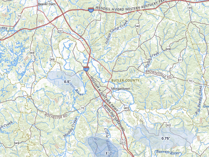 NEXRAD radar-signature map of the hail storm over Morgantown, KY on Jul 10, 2026