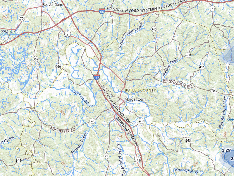 NEXRAD radar-signature map of the hail storm over Morgantown, KY on Jul 11, 2026