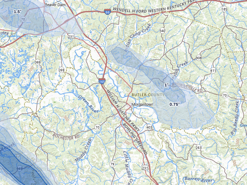 NEXRAD radar-signature map of the hail over Morgantown, KY