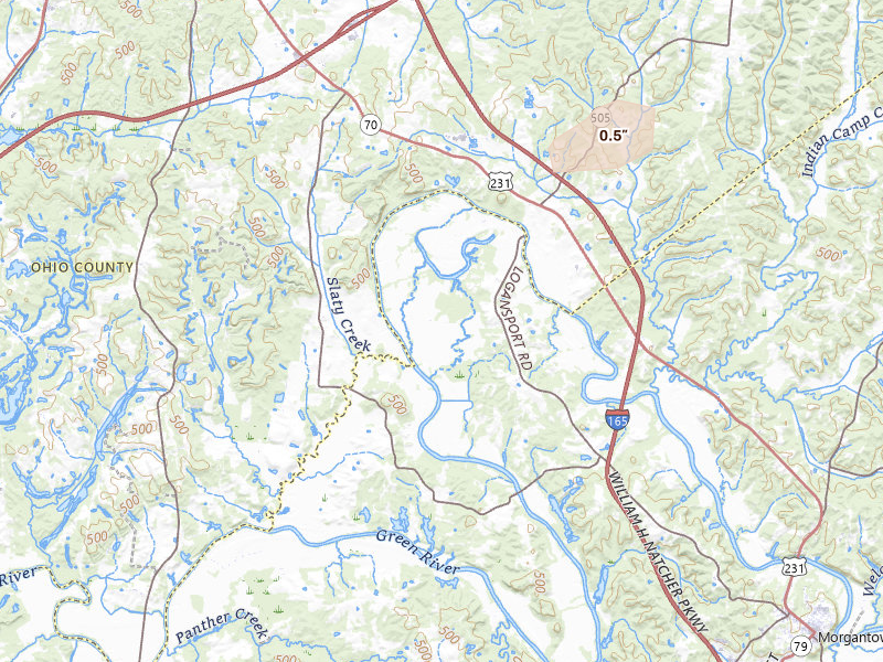 Radar-estimated hail-size map of the storm over Morgantown, KY on Aug 7, 2026