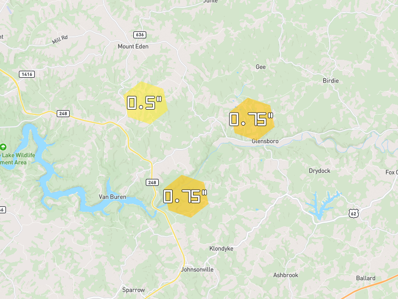 Hail map of Mount Eden, KY on Jul 21, 2026, hail up to 0.75"