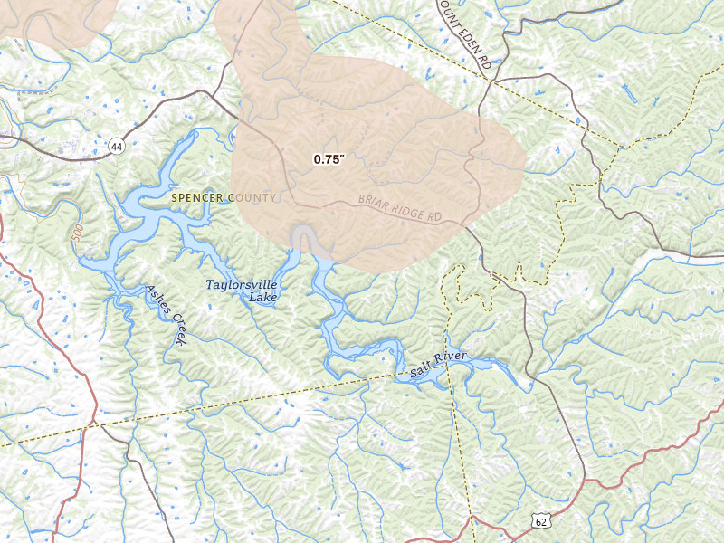 Radar-estimated hail-size map of the storm over Mount Eden, KY on Aug 16, 2026
