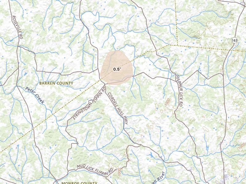 Radar-estimated hail-size map of the storm over Mount Hermon, KY on Jun 9, 2026