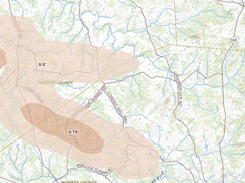Radar-estimated hail-size map of the storm over Mount Hermon, KY on Jul 11, 2026