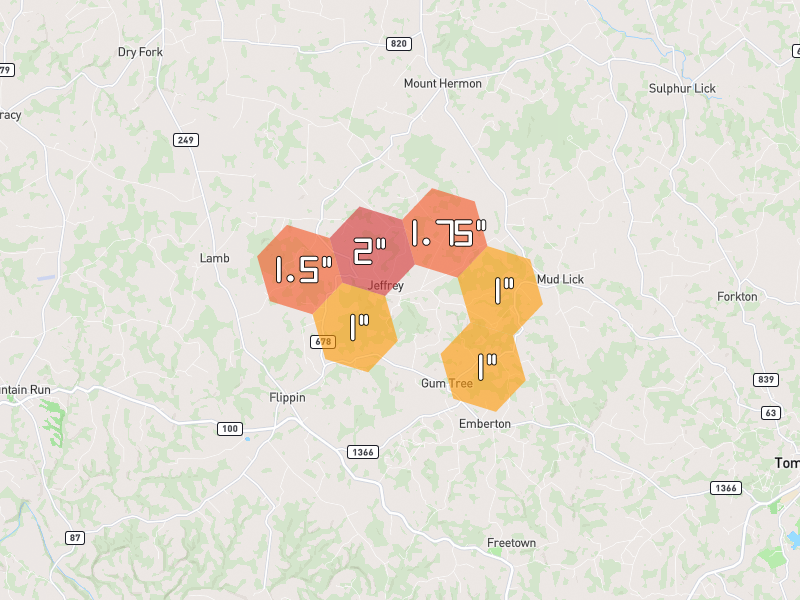 Hail map of Mount Hermon, KY on Jul 11, 2026, hail up to 2"