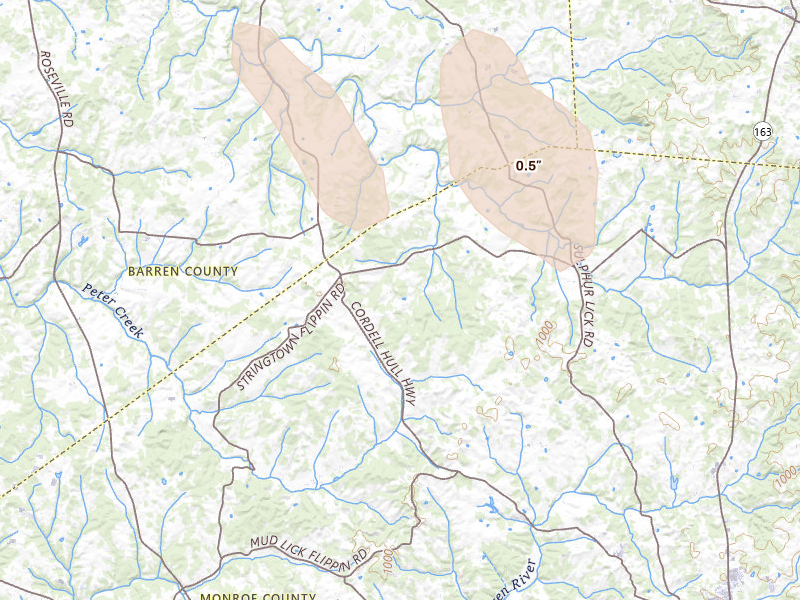 Radar-estimated hail-size map of the storm over Mount Hermon, KY on Aug 19, 2026
