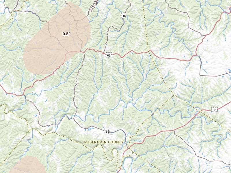 Radar-estimated hail-size map of the storm over Mount Olivet, KY on Jul 17, 2026