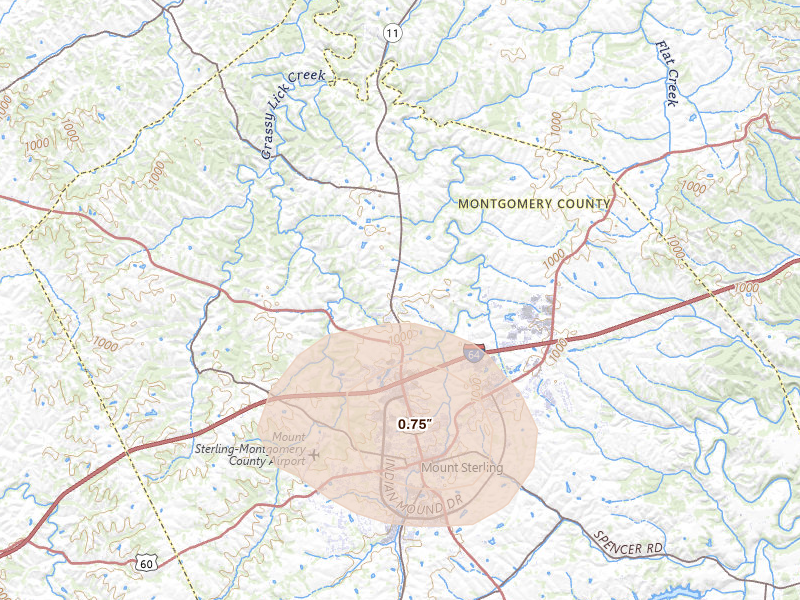 Radar-estimated hail-size map of the storm over Mount Sterling, KY on Aug 11, 2026