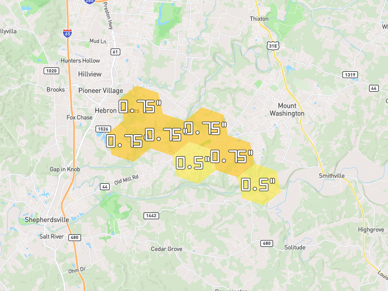 Hail map of Mount Washington, KY on Jul 21, 2026, hail up to 0.75"