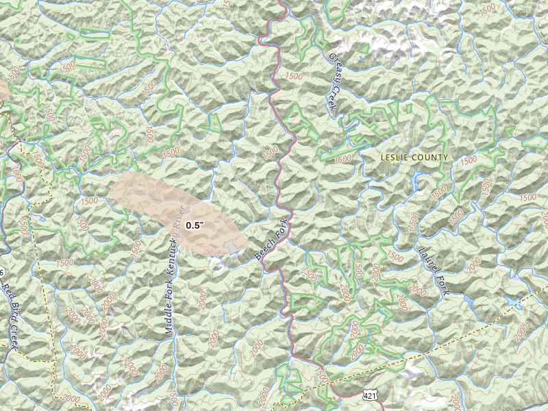 Radar-estimated hail-size map of the storm over Mozelle, KY on Aug 17, 2026