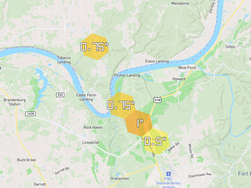 Hail map of Muldraugh, KY on Jul 21, 2026, hail up to 1"