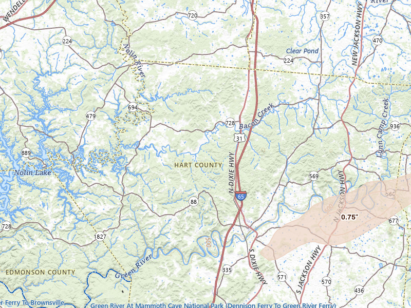 Radar-estimated hail-size map of the storm over Munfordville, KY on Apr 1, 2026