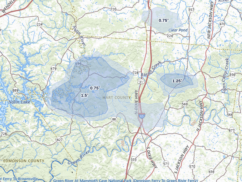 NEXRAD radar-signature map of the hail over Munfordville, KY