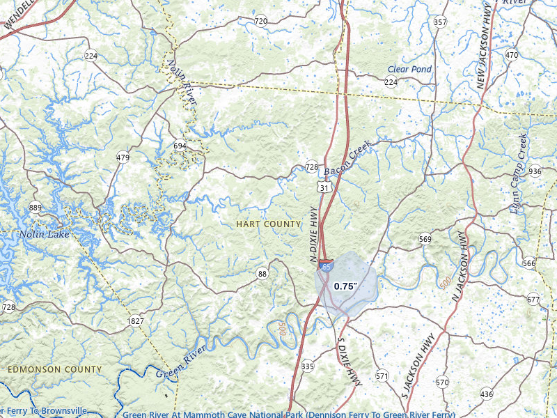 NEXRAD radar-signature map of the hail storm over Munfordville, KY on Jul 5, 2026