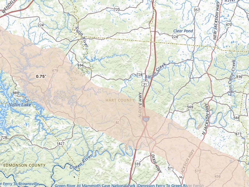 Radar-estimated hail-size map of the storm over Munfordville, KY on Jul 21, 2026